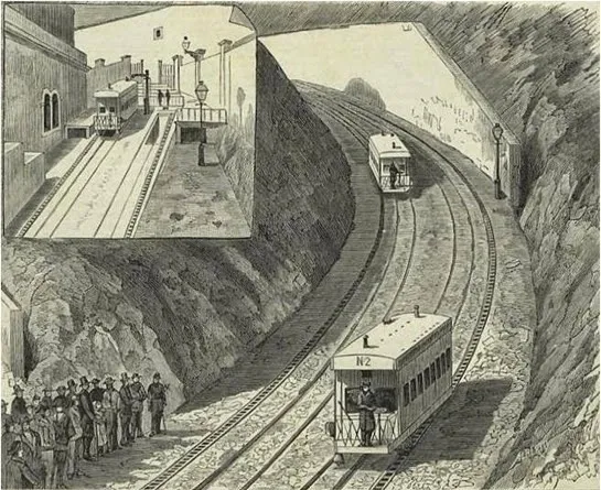 1884 Illustration of the Elevador do Lavra funicular railway in Lisbon
