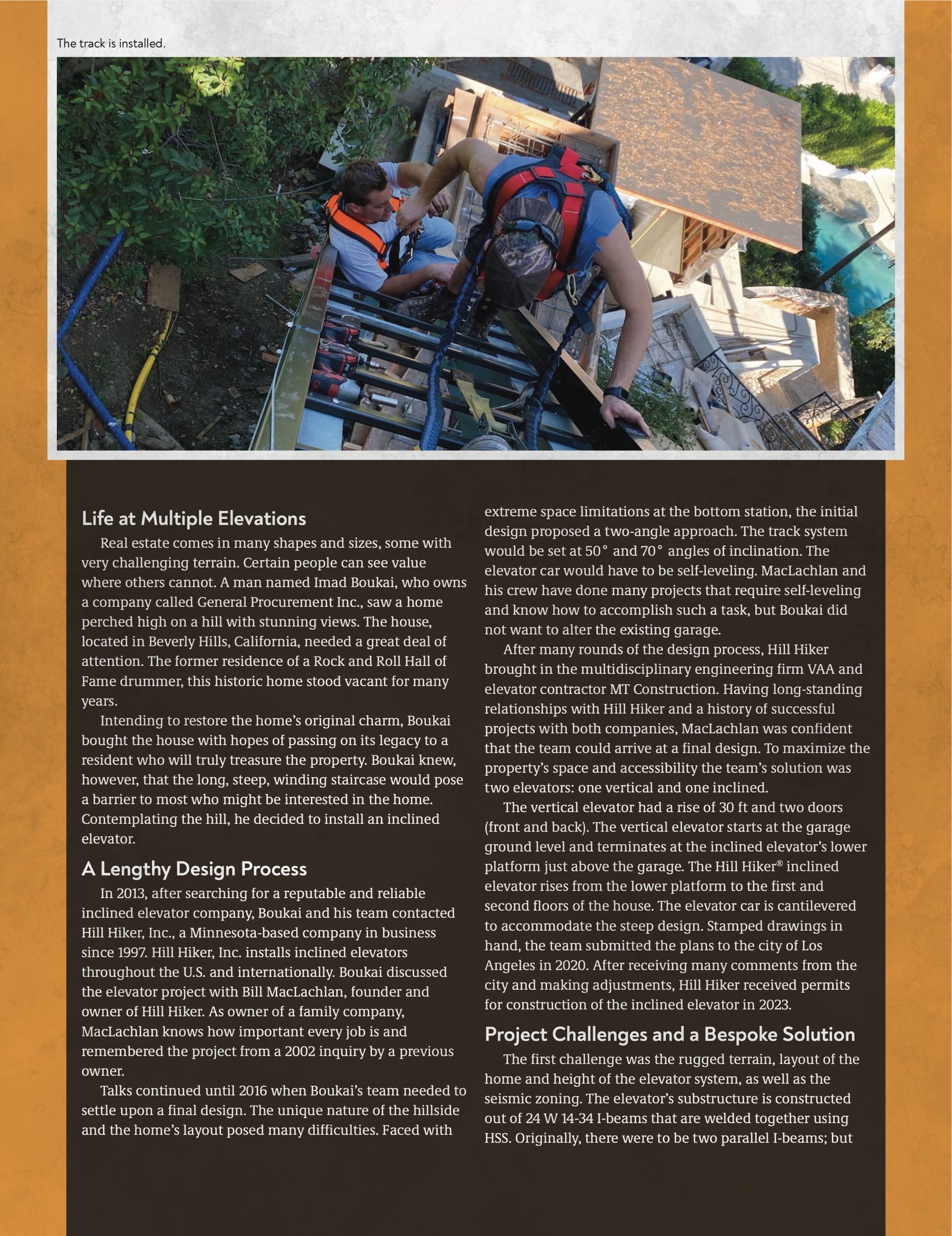 Page 3 of the Elevator World magazine feature highlighting the engineering of the Beverly Hills residential inclined elevator.