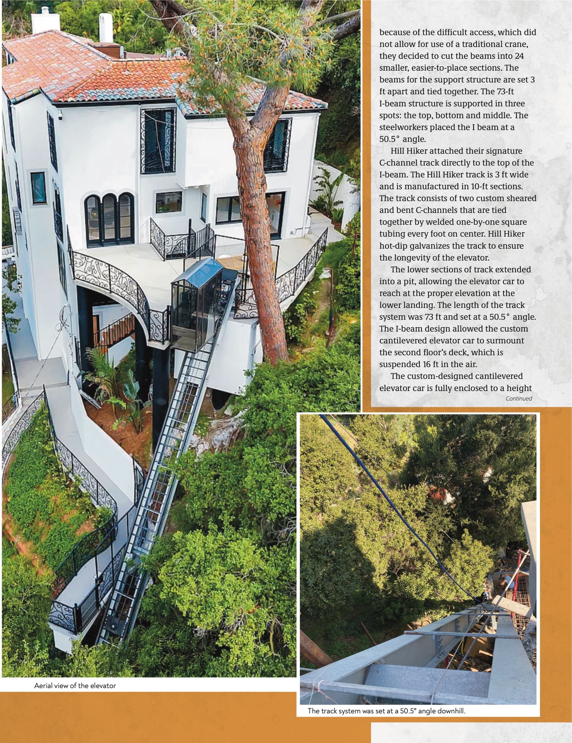 Page 4 of the July 2026 Elevator World magazine article detailing Hill Hiker's custom Beverly Hills hillside lift project.