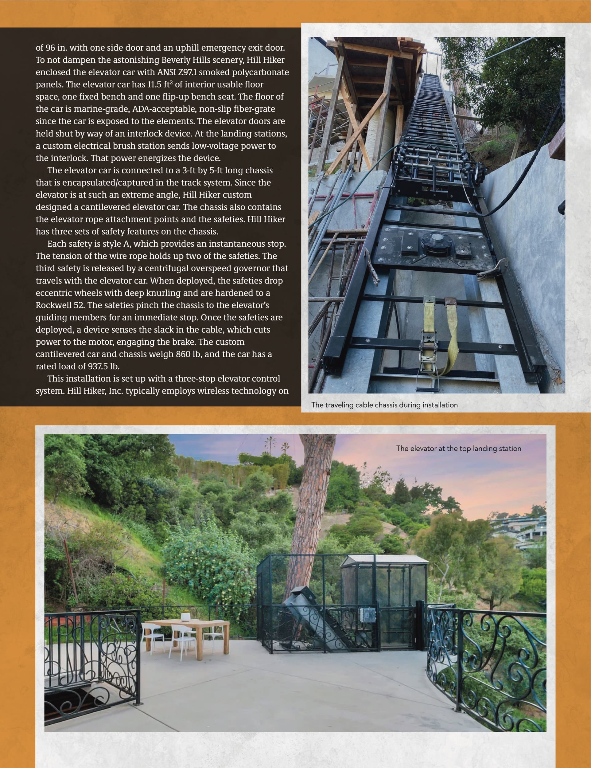Page 5 of the Elevator World magazine feature on Hill Hiker's custom cantilevered elevator car in Beverly Hills.