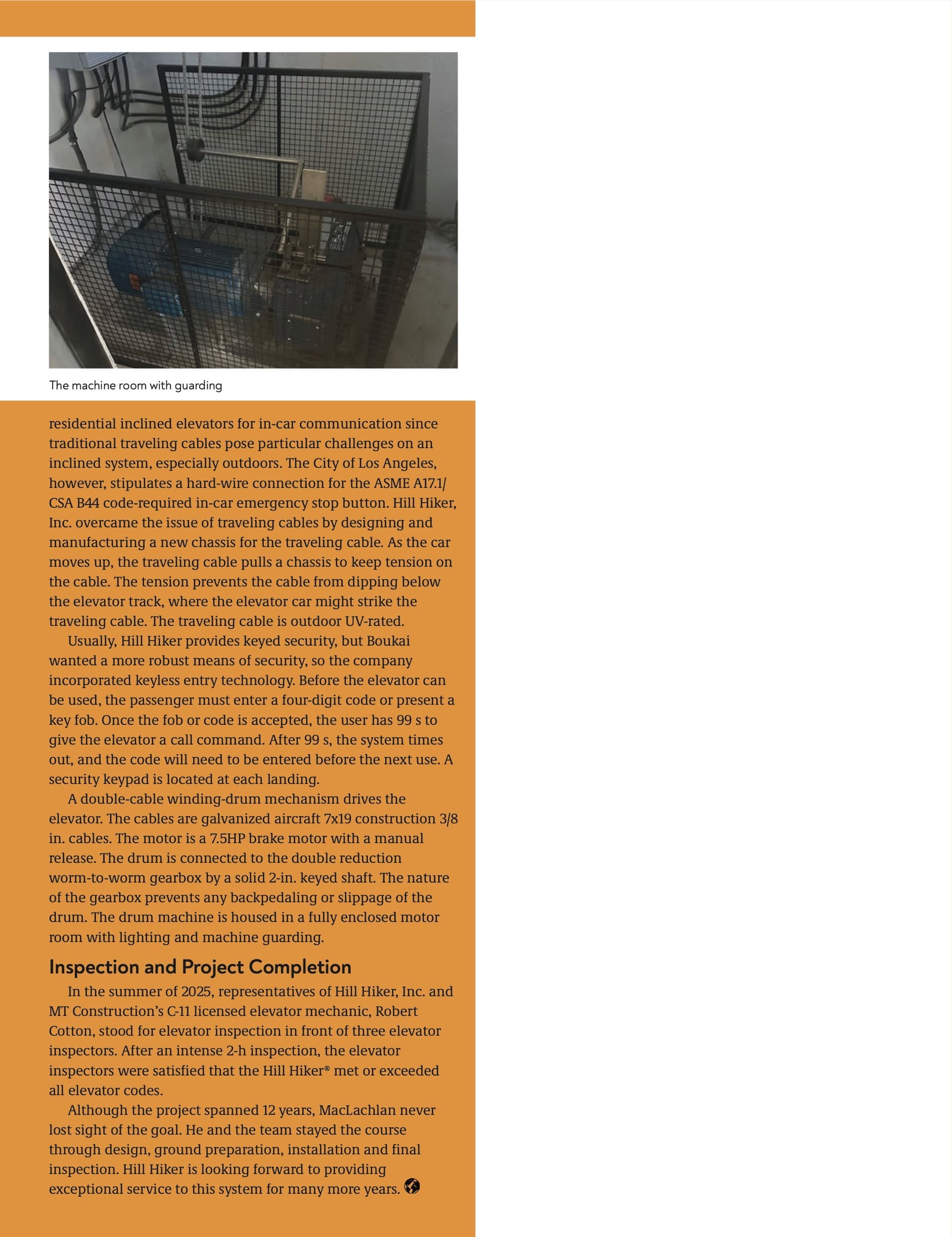 Page 6 of the July 2026 Elevator World magazine article concluding the Beverly Hills inclined elevator project profile.